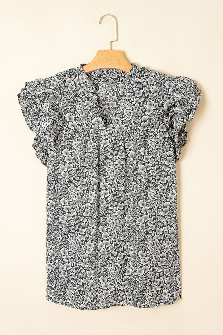 Black Rose Floral Print Ruffle Sleeve Plus Size Shift Top