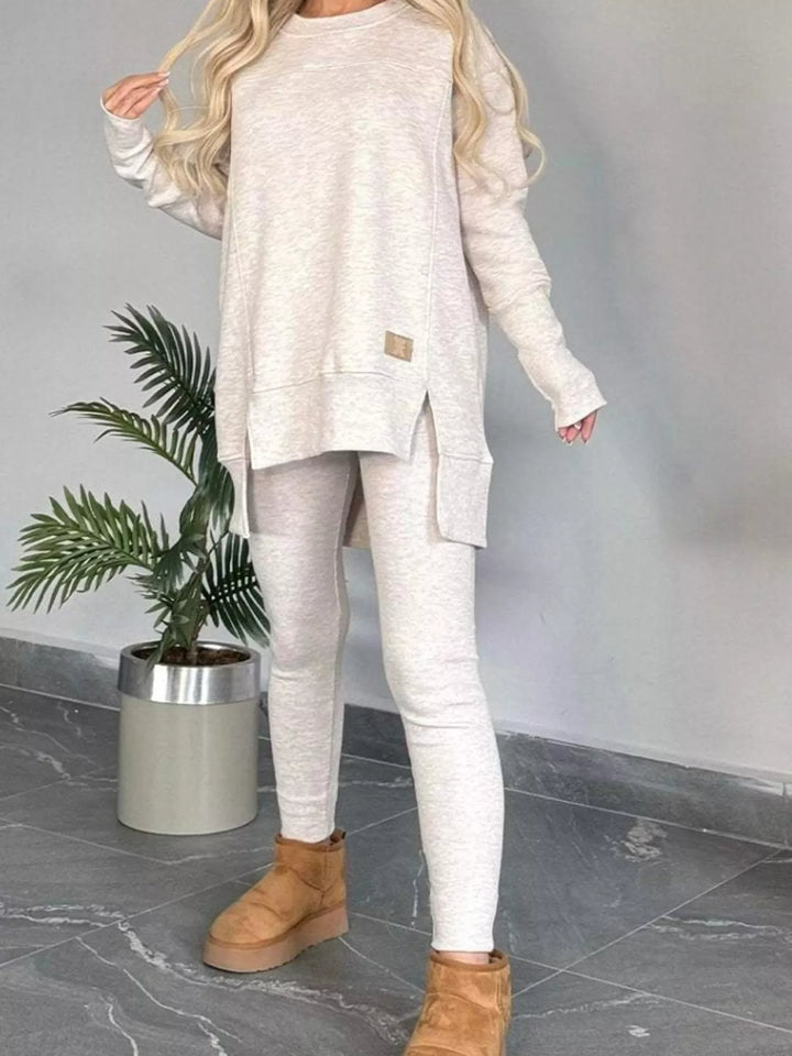 Full Size Slit Round Neck Top and Pants Set Plus Size