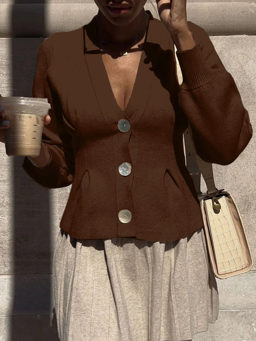 Button-Up V-Neck Knit Cardigan