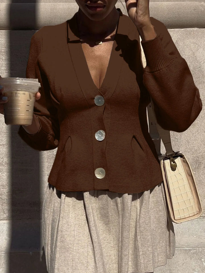 Button-Up V-Neck Knit Cardigan