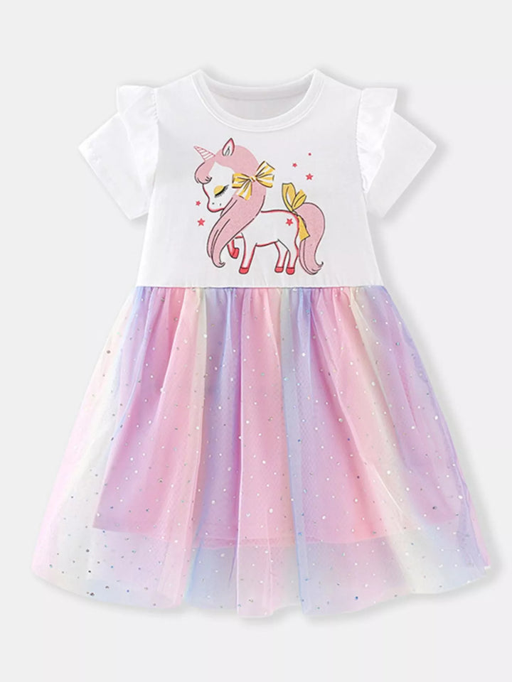 Children's Unicorn Print Rainbow Tulle Dress