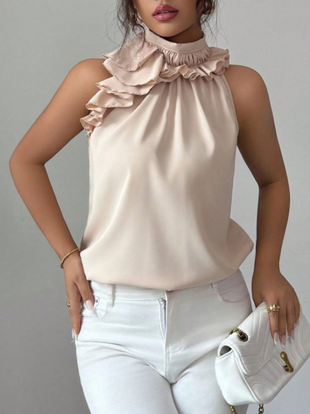 Ruffle High Neck Sleeveless Top