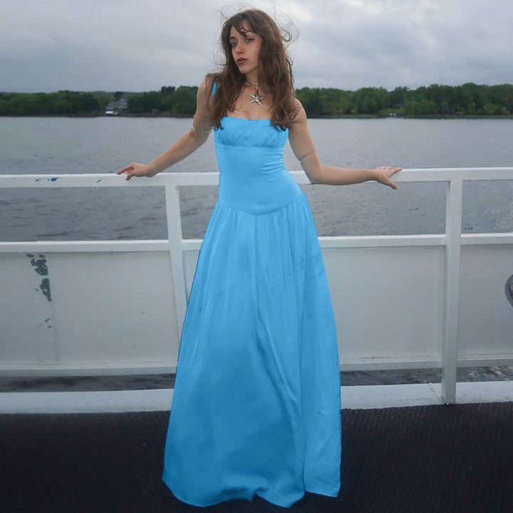 Off-neck Pleated Stitching High Waist Slimming Solid Color Sling Dress