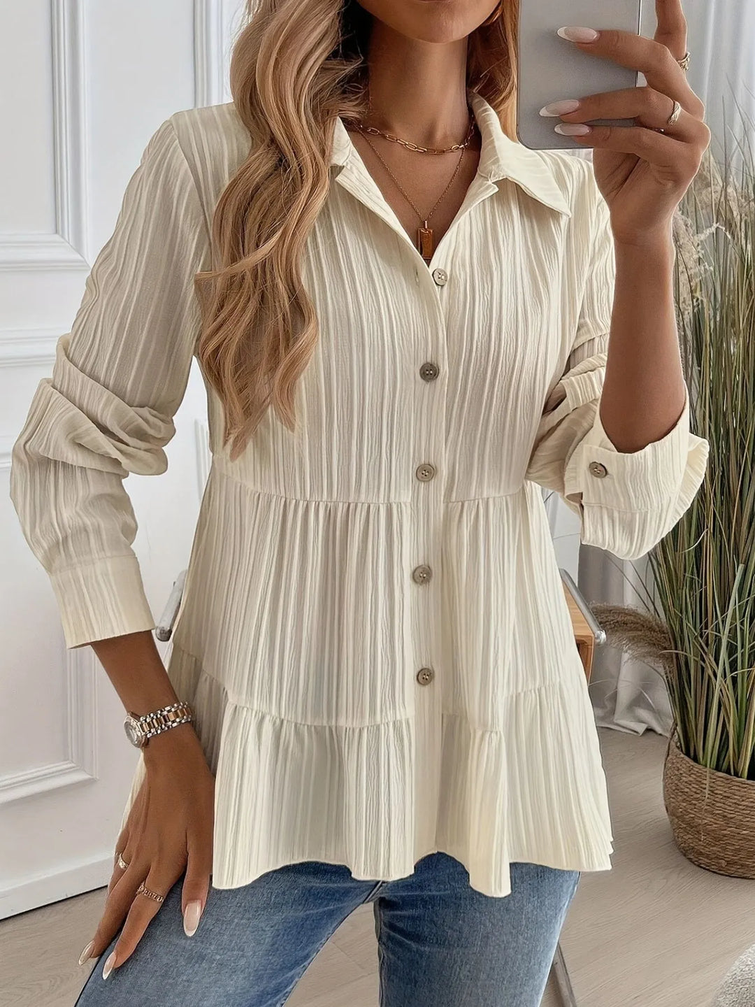 Striped Button-Down Tiered Shirt