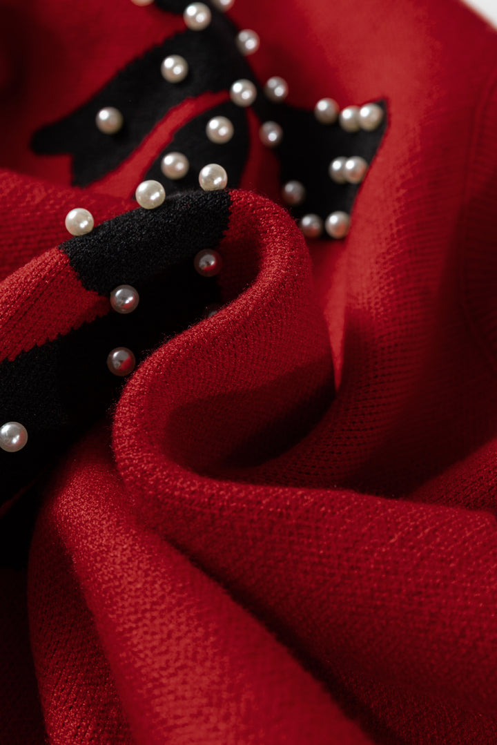 Racing Red Pearl Embellished Bow Pattern Loose Sweater