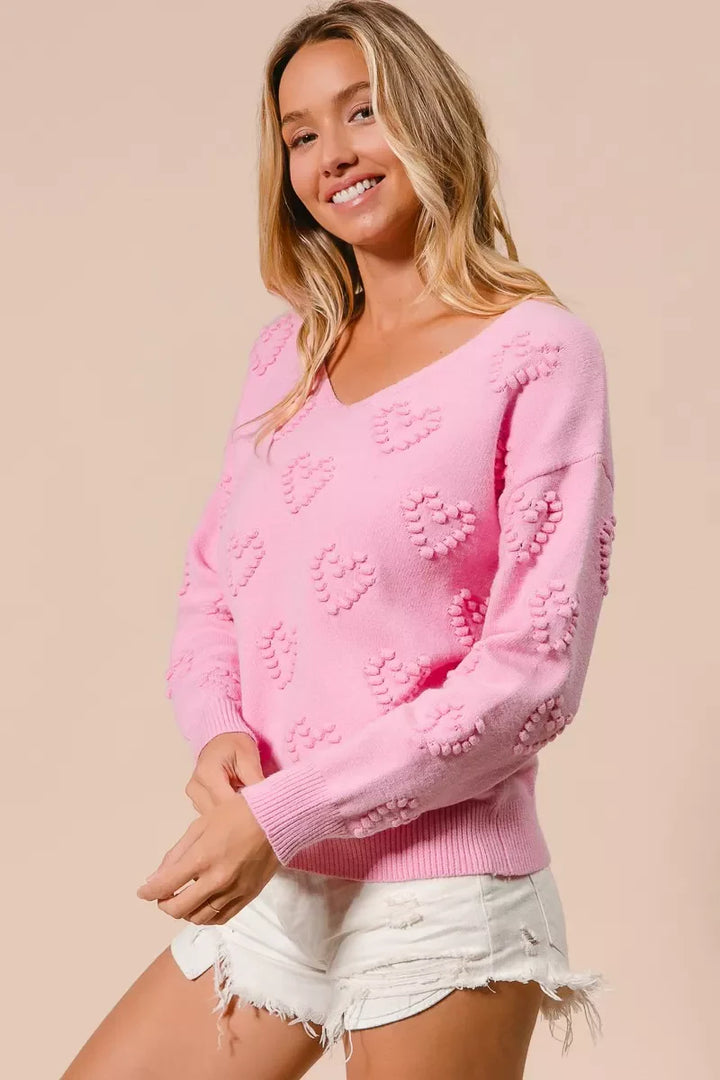 BiBi Valentines Heart Pompom V Neck Knit Top