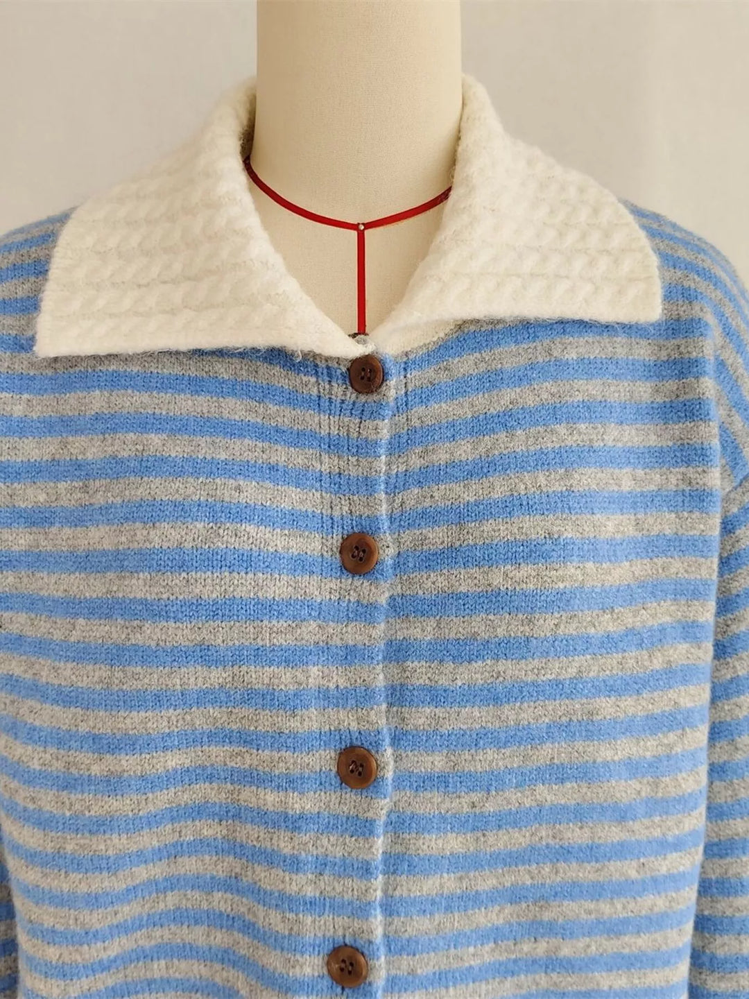 Striped Knit Button Down Cardigan with Collar
