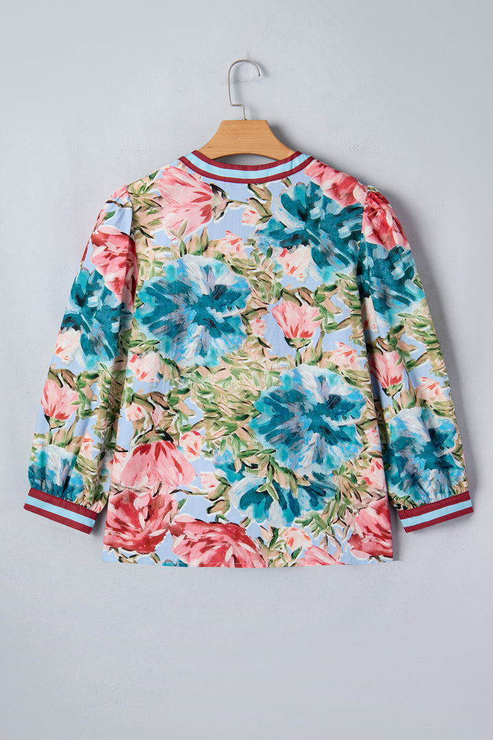 Sky Blue Contrast Trim V Neck Cuffed Bracelet Sleeve Floral Blouse