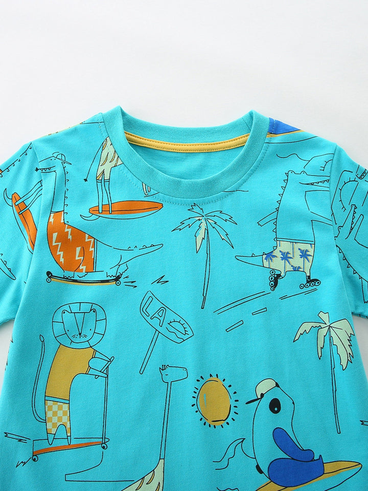 Children's Cartoon Print Crew Neck Short Sleeve Tee