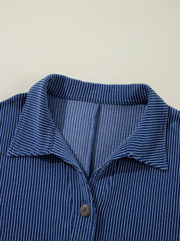 Oversized Twist Ribbed Collared Henley Top with Roll Up Sleeve