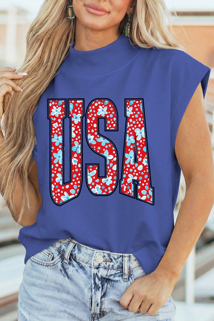 Sky Blue USA Floral Lettering Print High Neck Short Sleeve Top