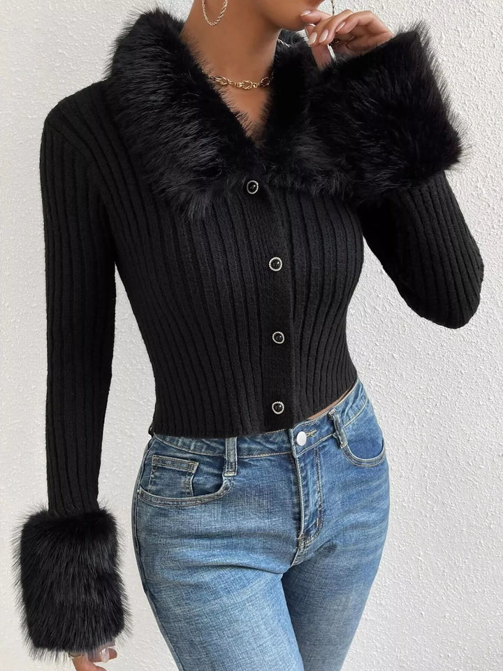 Faux Fur Trim Ribbed Knit Cropped Cardigan
