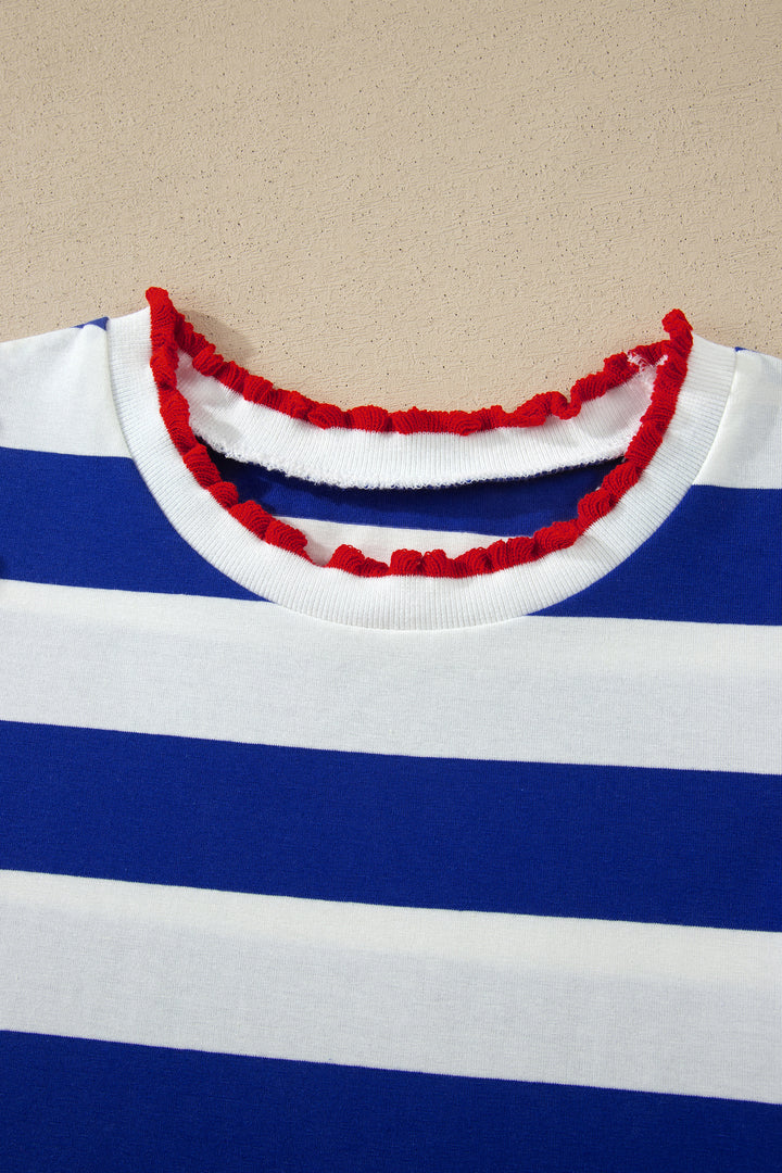 Blue Stripe Contrast Trim Round Neck Short Puff Sleeve Shift Mini Dress