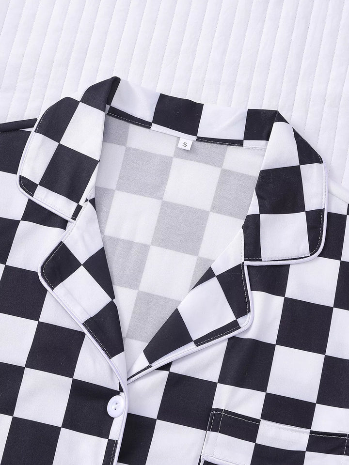 Checkered Print Button Up Top and Shorts Lounge Set