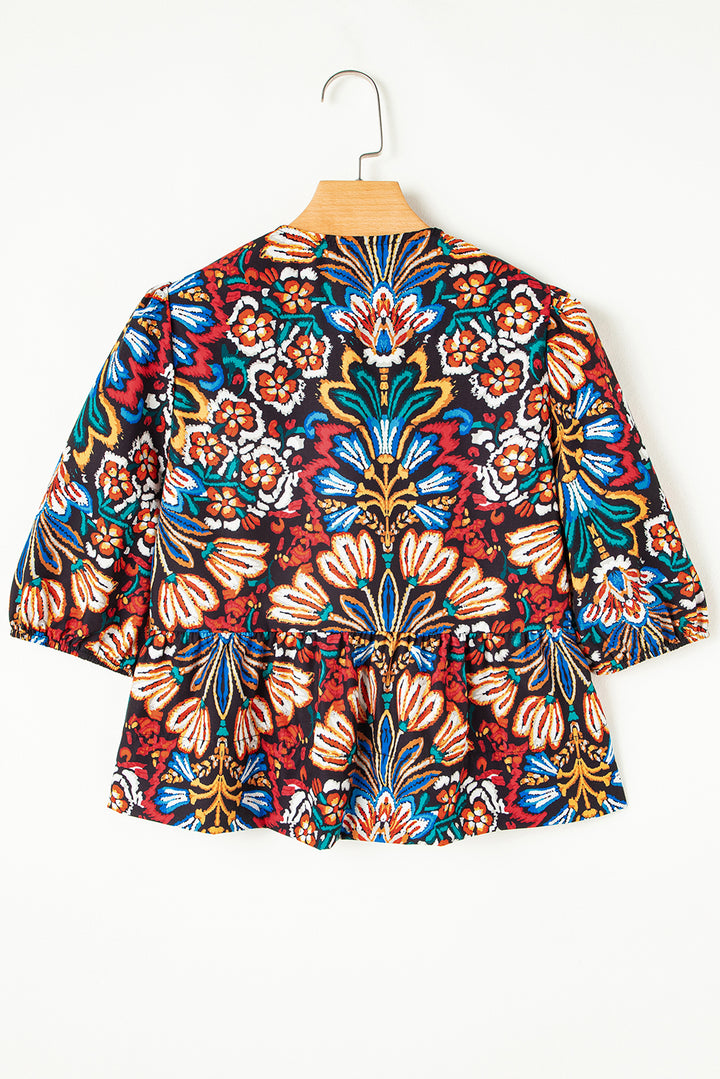 Black Tropical Print Bubble Sleeve Knot Front Blouse