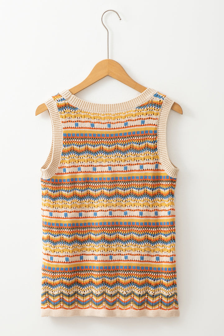 Brown Stripe Eyelet Crochet Round Neck Sweater Vest