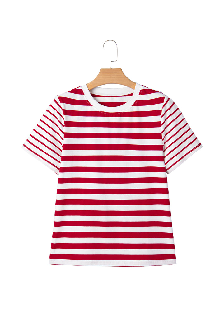 Red Stripe Patchwork Round Neck T Shirt