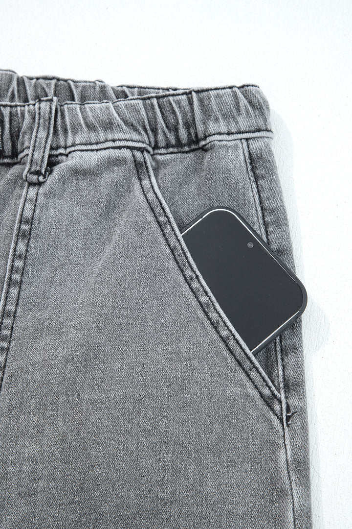 Gray Drawstring Seam Detail Raw Hem Wide Leg Denim Pants