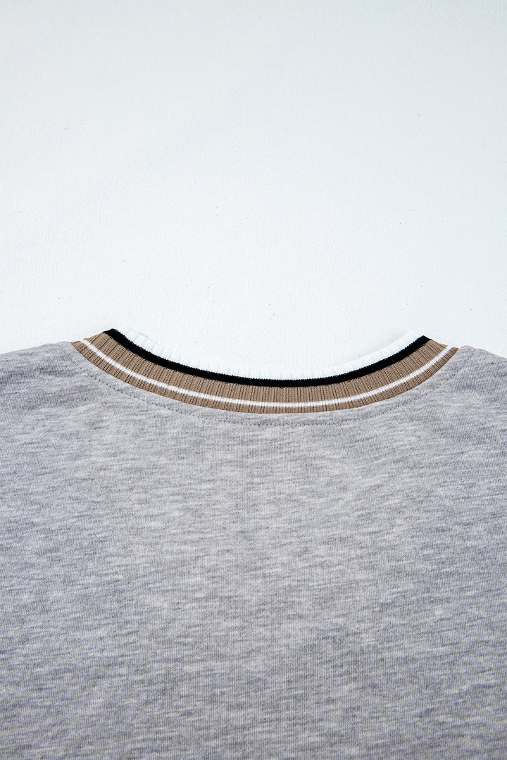Gray Varsity Contrast Striped Trim V Neck Sweatshirt