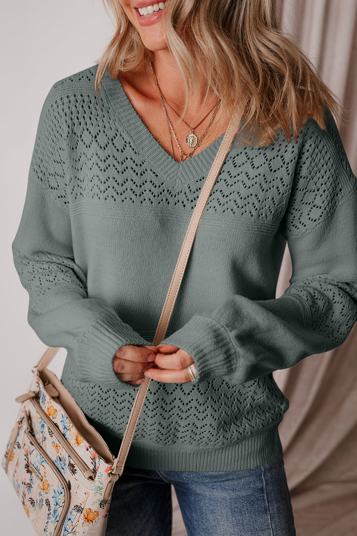 Mist Green Eyelet Pattern Detail V Neck Drop Shoulder Sweater