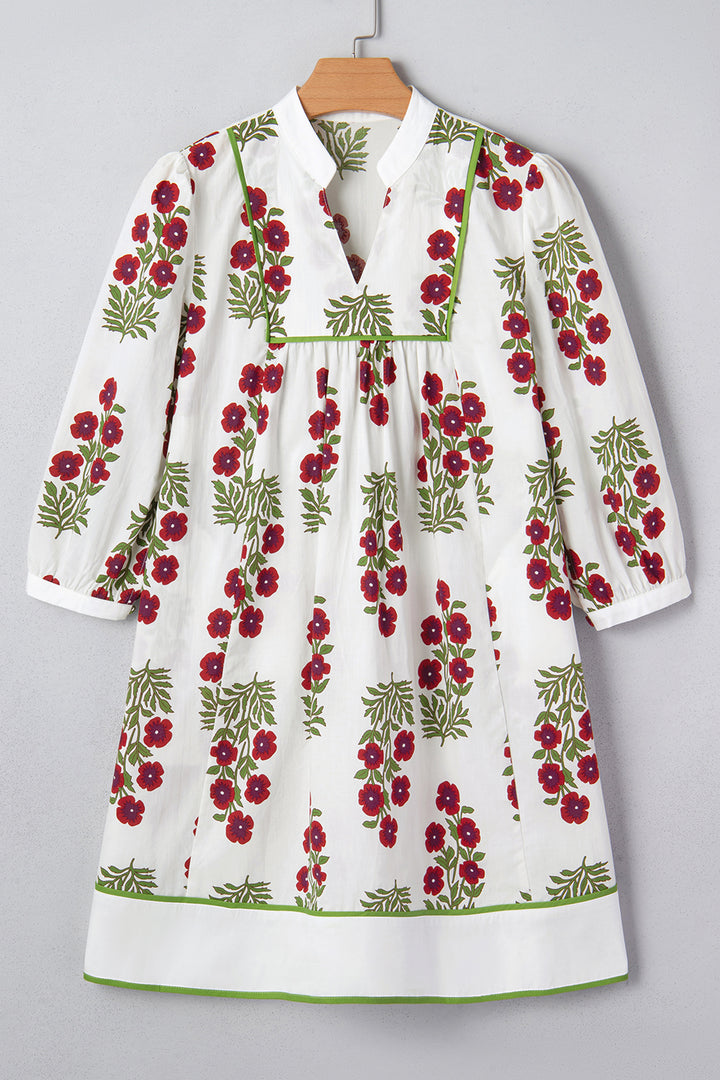 White Frilled V Neck 3/4 Sleeve Loose Floral Dress