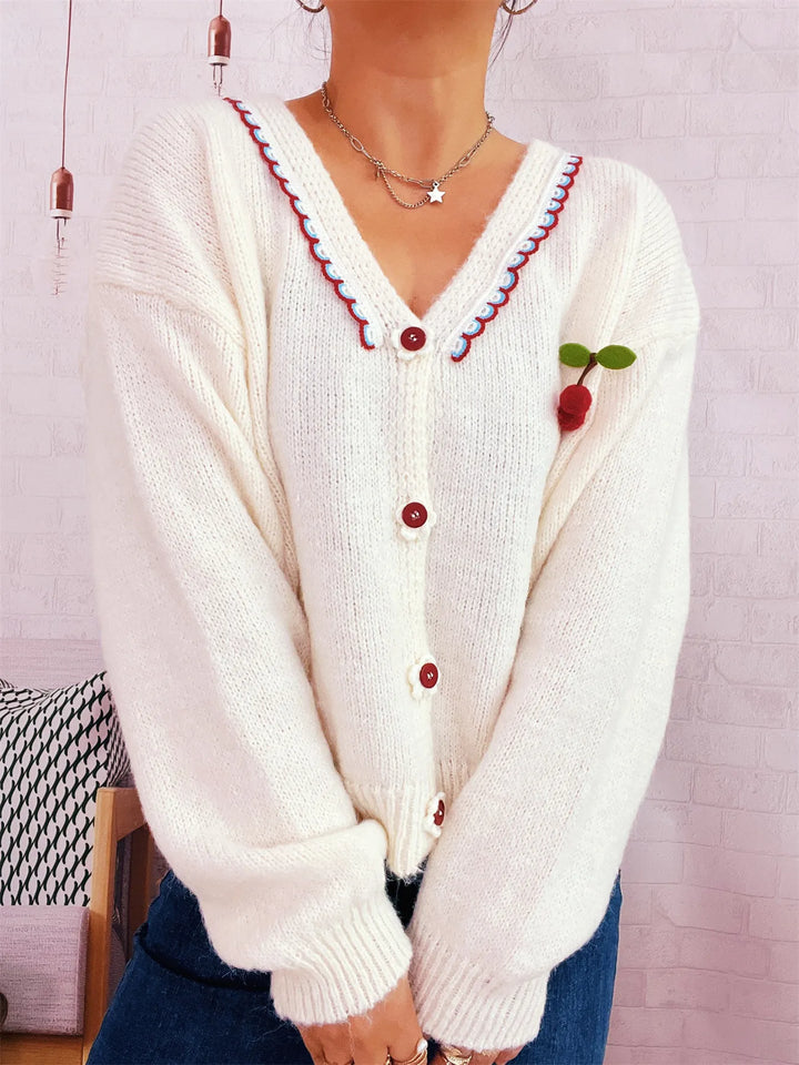 Cherry Button-Front Long Sleeve Cardigan