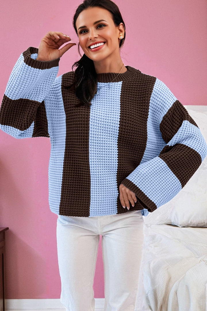 Myosotis Striped Color Block Thermal Textured Knit Drop Shoulder Sweater