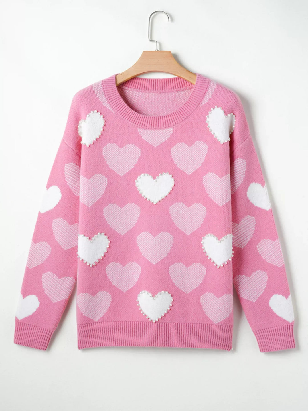 Pearled Heart Print Valentines Crew Neck Sweater