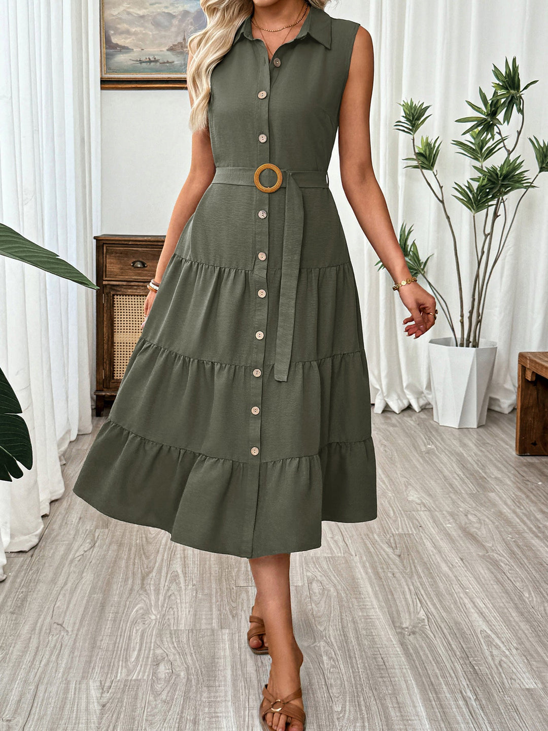Sleeveless Button-Down Tiered Midi Dress