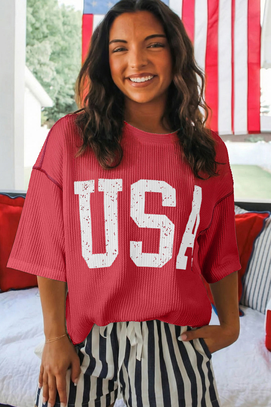 White USA Graphic Half Sleeve Loose Ribbed Top