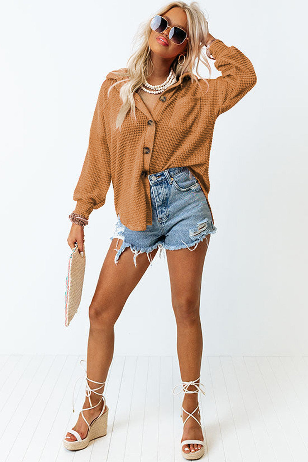 Chemise boutonnée décontractée en tricot gaufré marron