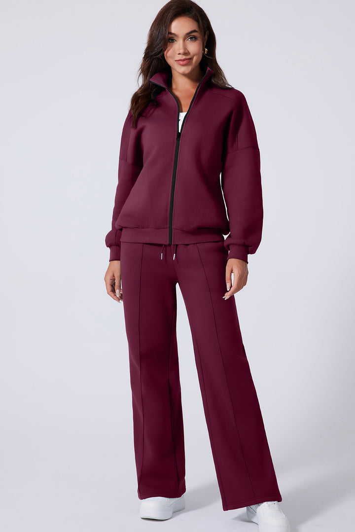 Burgundy Drop Shoulder Zip Up Jacket Drawstring Pants Active 2pcs Set