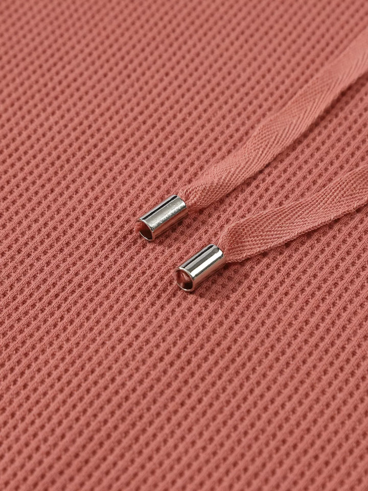 Drawstring V-Neck Waffle Knit Casual Hoodie