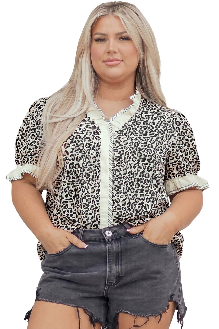 Black Plus Leopard Print Striped Color Block Trim Frilled V Neck Short Sleeve Blouse