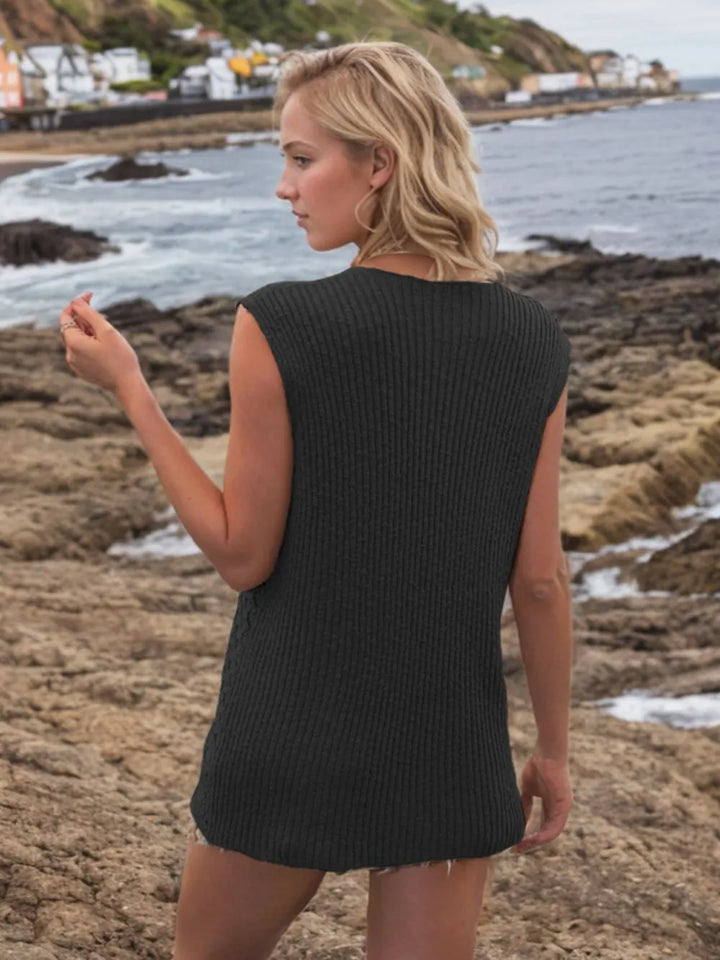 Button Down Eyelet V-Neck Sweater Vest