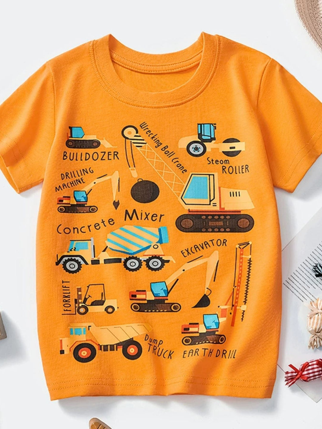 Children's Construction Vehicle Crew Neck Short Sleeve T-Shirt