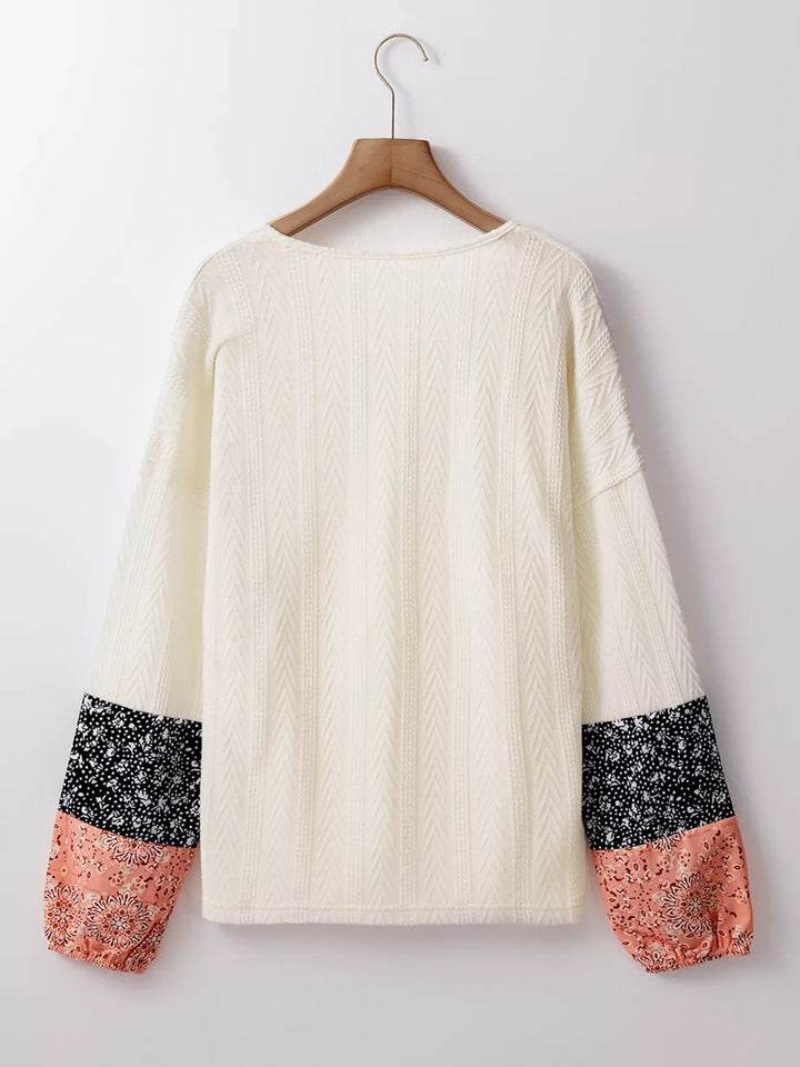 Floral Patchwork Textured Knit Drawstring V Neck Blouse