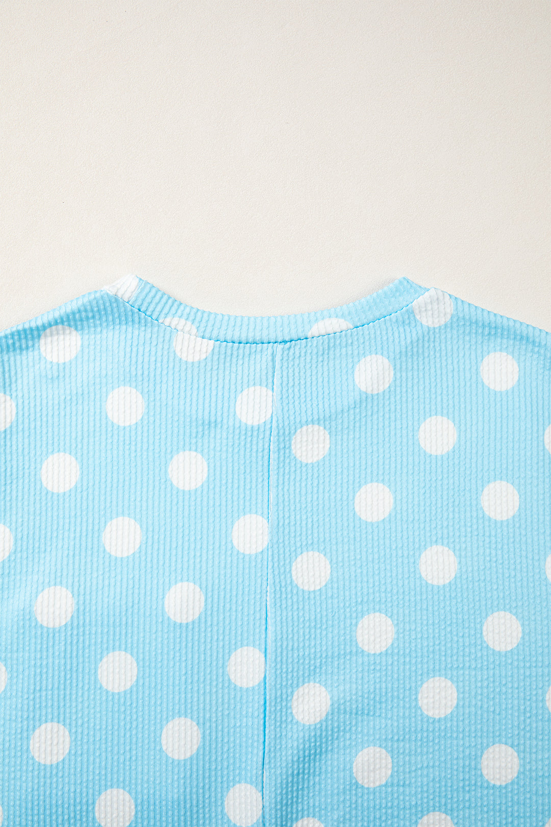 Sky Blue Polka Dot Round Neck Drop Shoulder Patch Pocket Jacquard Texture Top