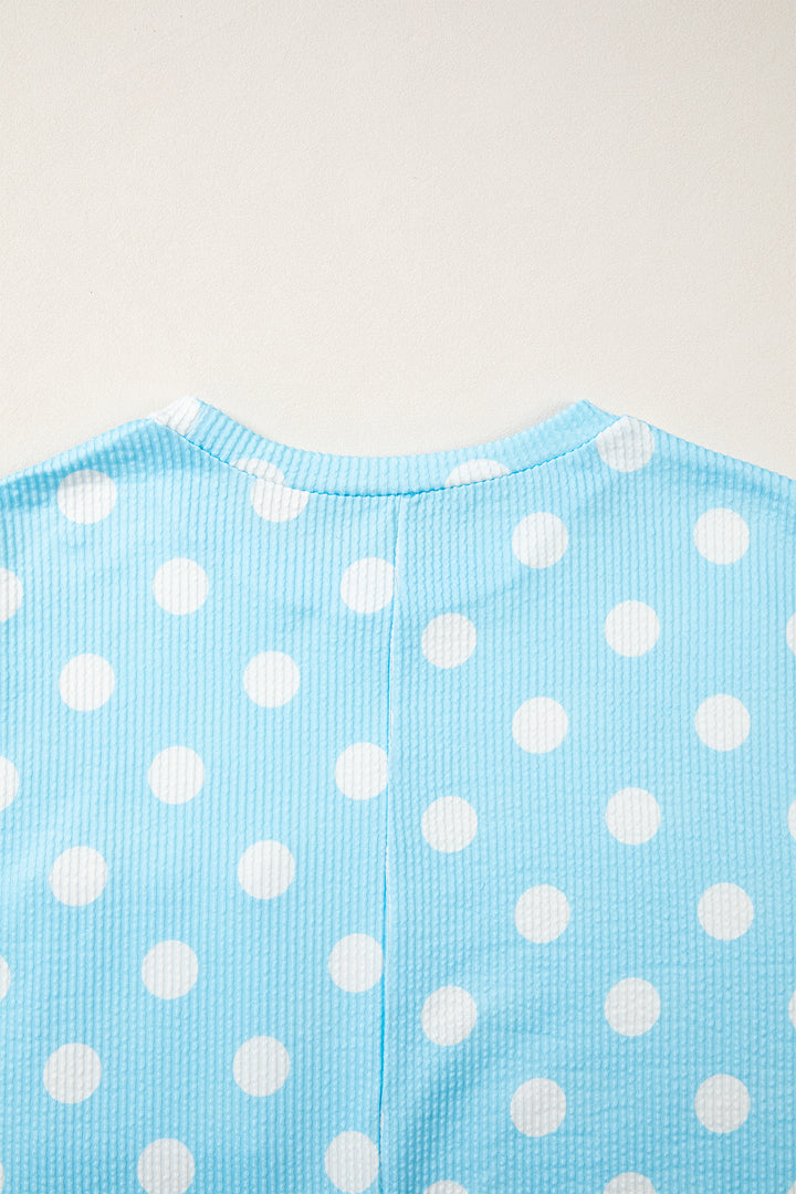 Sky Blue Polka Dot Round Neck Drop Shoulder Patch Pocket Jacquard Texture Top