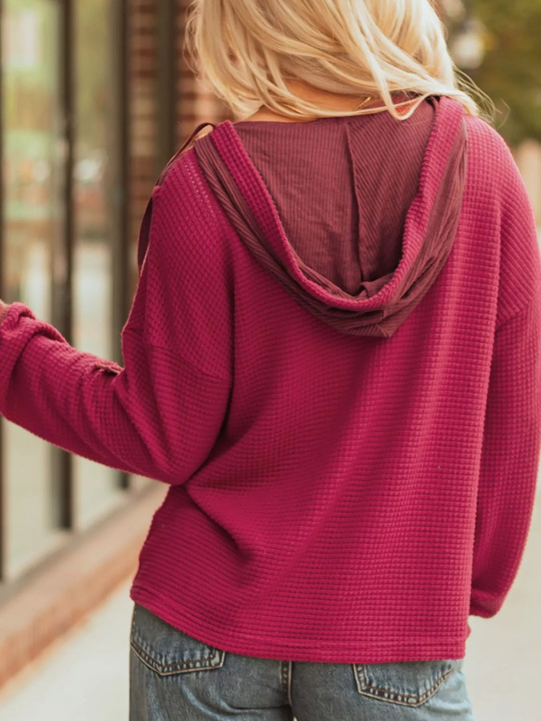 Waffle Knit Henley Sweatshirt with Button Detail