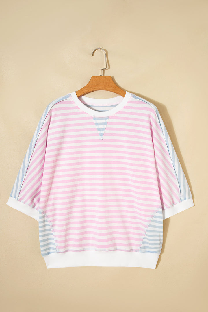 Casual Stripe Oversize Dolman Sleeve Patchwork T Shirt
