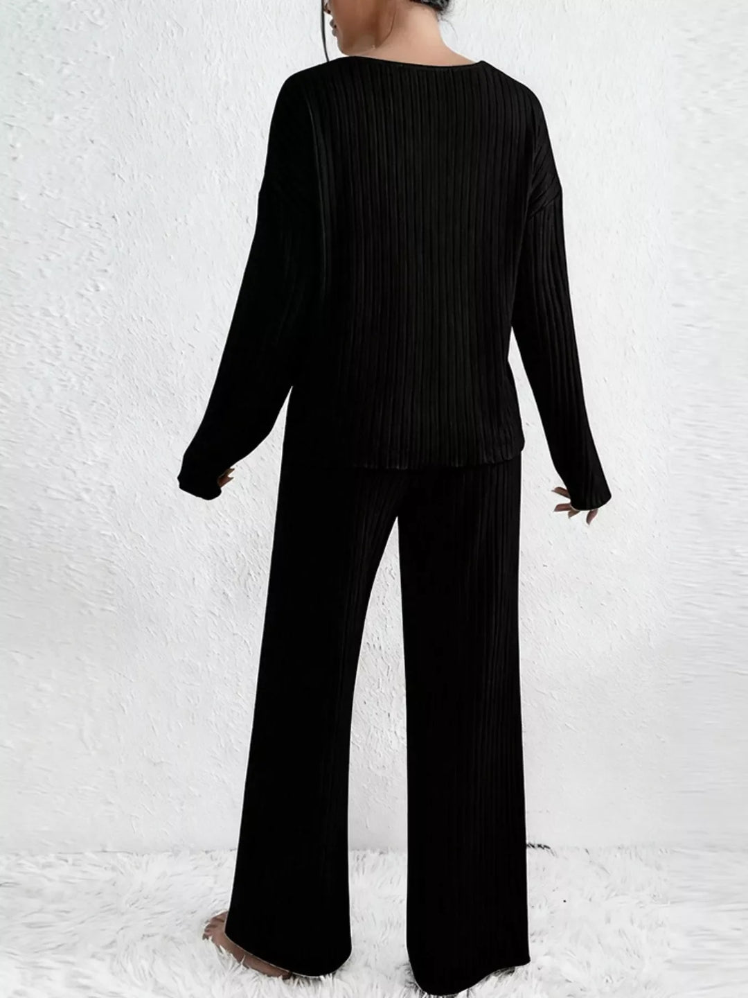 Ribbed Knit V-Neck Top and Pants Set