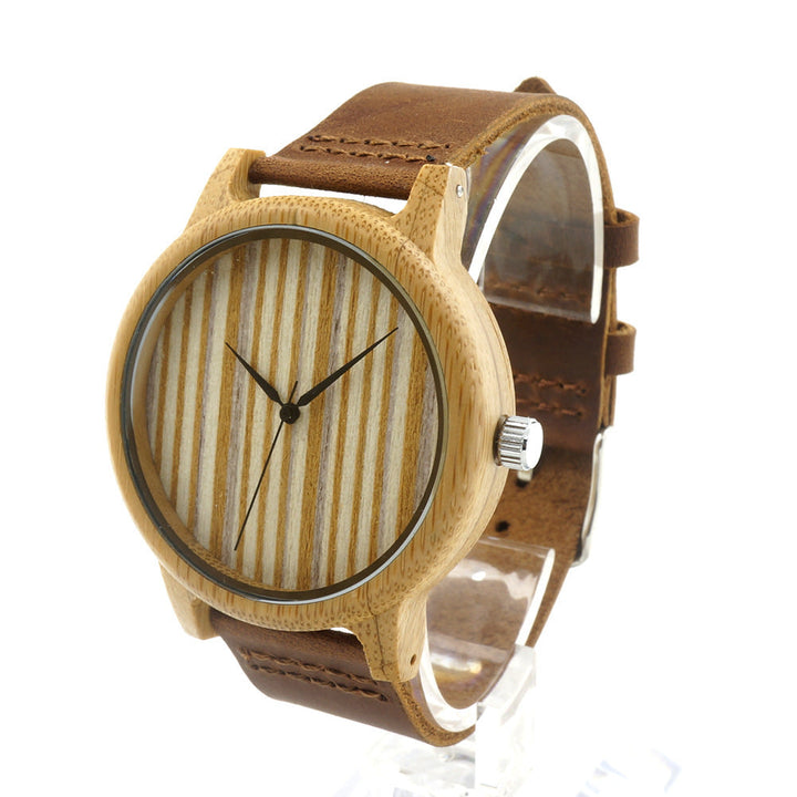 Single-bamboo Wooden-layer Cowhide Mens Wooden Watch