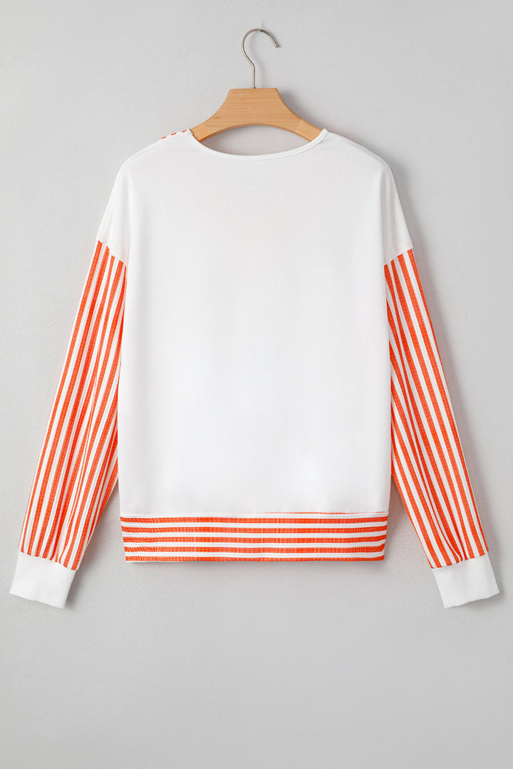 Orange Stripe V Neck Drop Shoulder Patchwork Long Sleeve Top