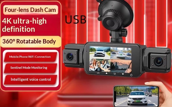 Panoramic Dash Cam Plug-and-Play Night Vision 4-Camera Reversing View