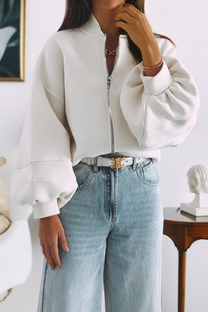 White Solid Color Zip Up Knit Puff Sleeve Jacket