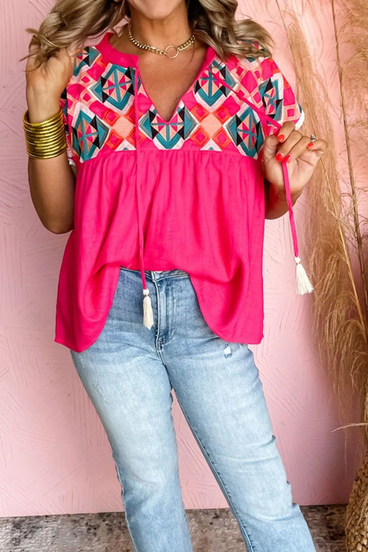 Geometric Embroidered Tassel Tie Neck Blouse