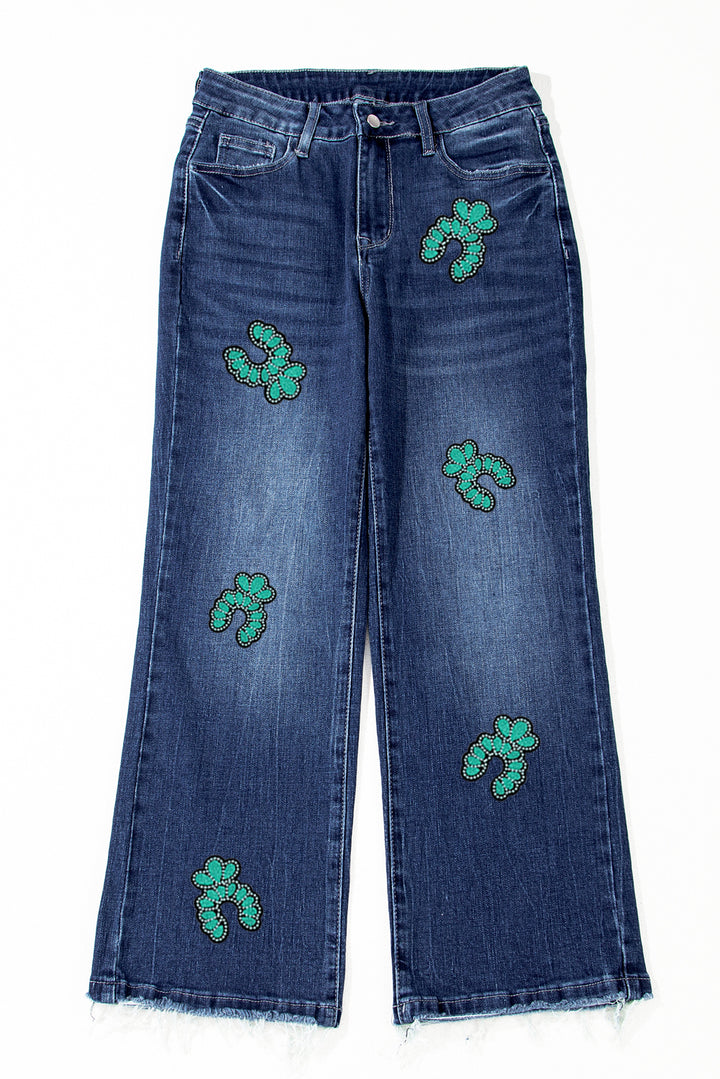 Sail Blue Turquoise Pattern Raw Edge Cropped High Waist Jeans