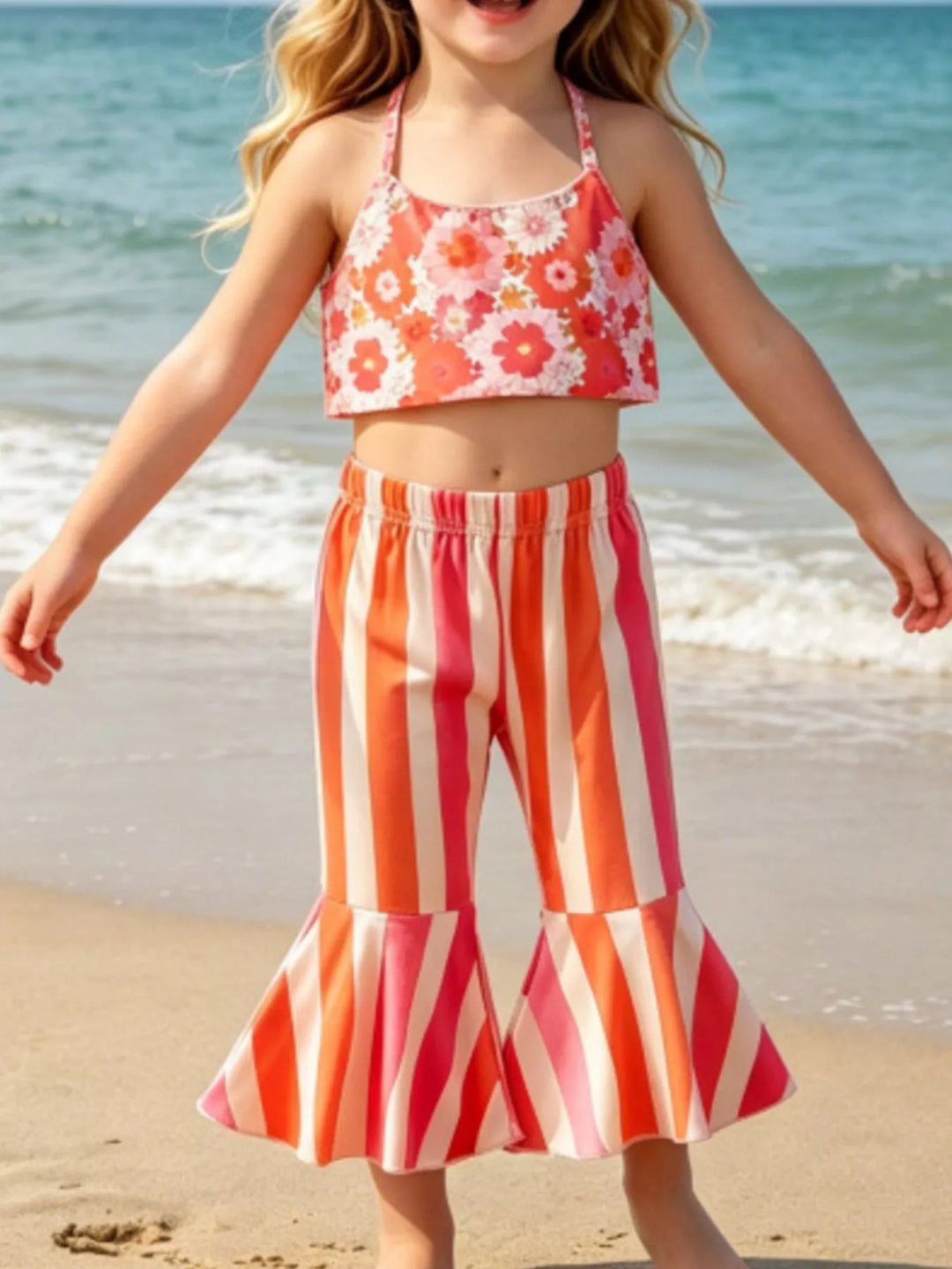 Children's Floral Print Crop Top and Striped Pants Set