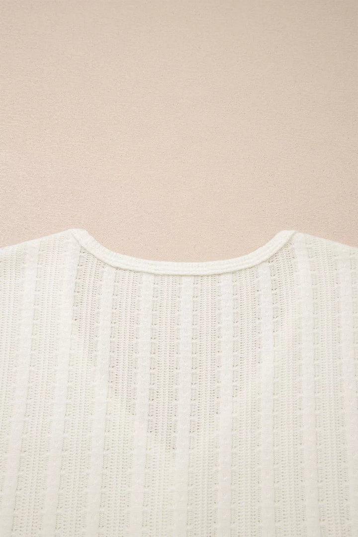 Ribbed Knit Button Detail V-Neck T-Shirt